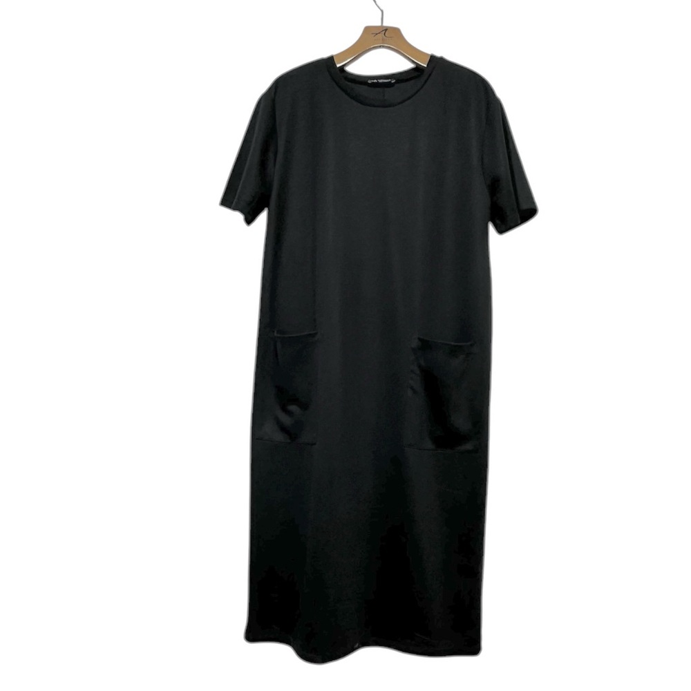 Zara Black Minimalist Boxy Midi Dress with Crew Neck and Short Sleeves Medium